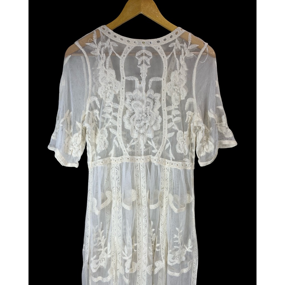 Woven Heart Ivory Floral Embroidered Sheer Mesh Maxi Dress Boho Duster Large - Picture 6 of 9